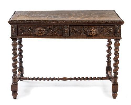 A Renaissance Revival Carved Oak Library Table Height 30 1/2 x width 42 x depth 26 3/4 inches.