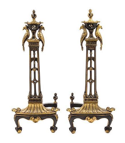 A Pair of Parcel Gilt Bronze Andirons Height 22 1/2 inches.