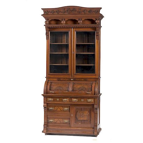 Victorian Secretary Bookcase with Cylinder Roll