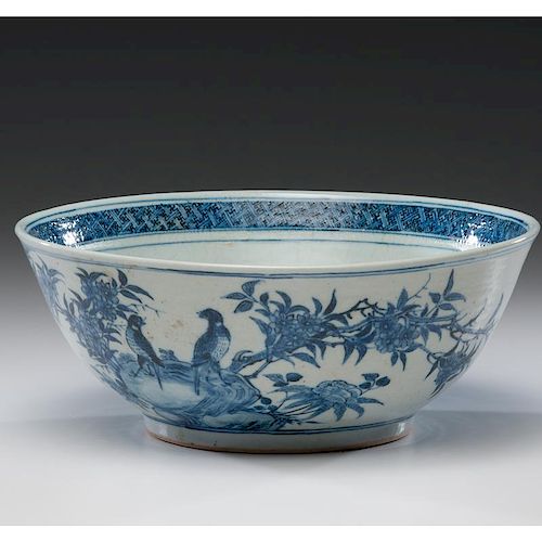 Chinese Export Blue & White Porcelain Punch Bowl and Oval Dish