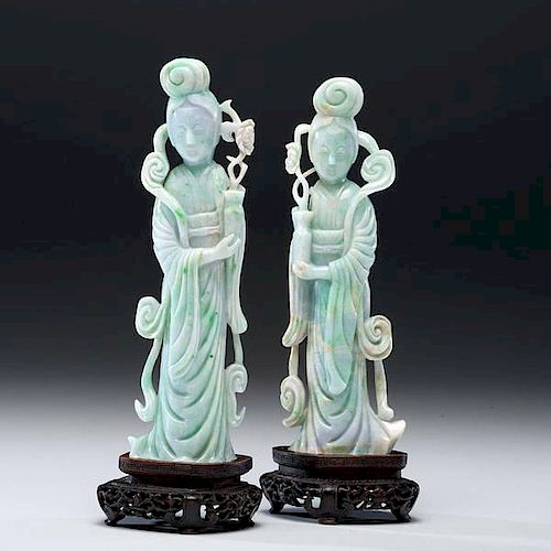 Pair of Carved Jadeite Guanyin 