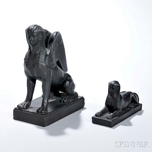 Two Wedgwood Black Basalt Models of Sphinxes