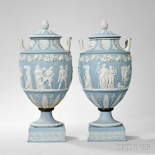 Pair of Wedgwood Solid Pale Blue Jasper Vases and Covers