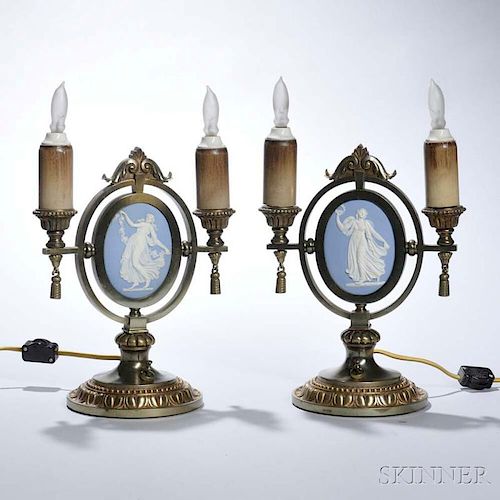 Pair of Wedgwood Light Blue Jasper-mounted Two-light Brass Table Sconces