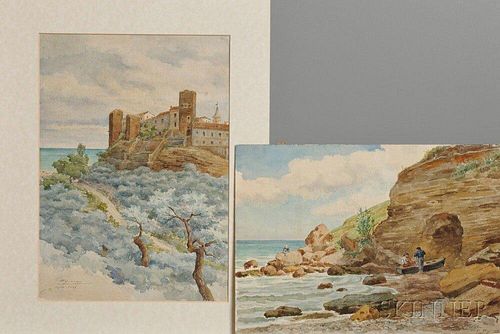 Ettore Ferrari (Italian, 1849-1929)      Two Watercolors: Medieval Towers