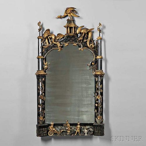 Chinese Chippendale-style Ebonized and Parcel-gilt Mirror