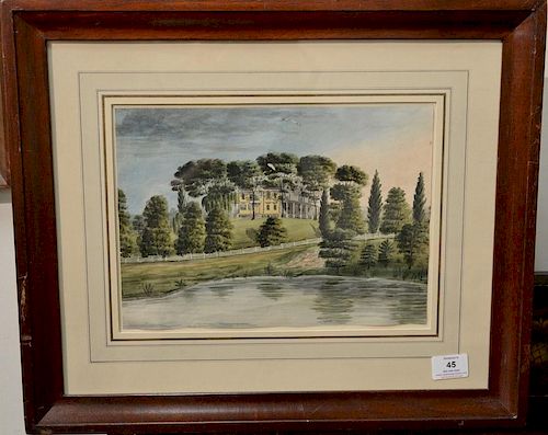 Late 19th century  watercolor on paper  Large House Overlooking Pond  unsigned  sight size 9 1/4" x 12 3/4"  Provenance: P...