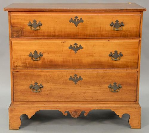 Chippendale three drawer chest on bracket base. ht. 35in., case wd. 37 1/2in., dp. 20in.
