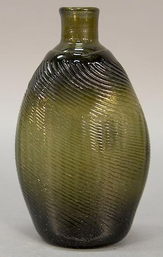 Pitkin glass flask with olive green swirl decorated. ht. 7in.