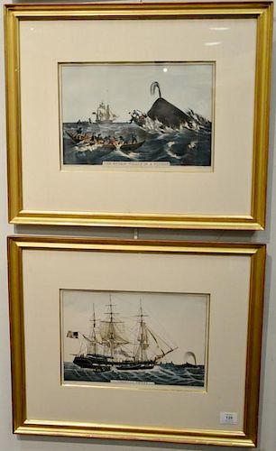Nathaniel Currier, pair of small portfolio hand colored lithographs, American Whaler and The Sperm Whale "In a Flurry", published in...