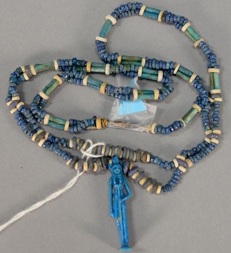Egyptian Faience bead necklace with blue glazed Faience tomb figure.
