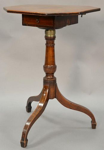 George III mahogany tip stand with drawer on turned shaft set on tripod base, circa 1800. ht. 29in., top: 18" x 19 3/4" Provenance: ...