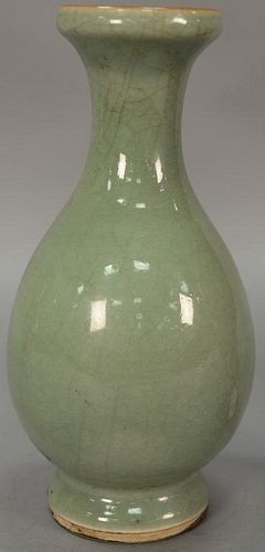 Oriental celadon porcelain crackle glass vase (drilled). ht. 10 1/2in.