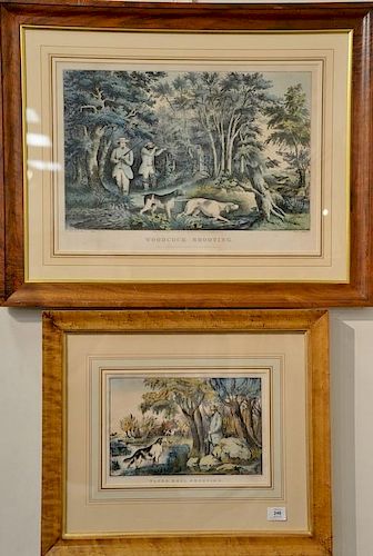 Nathaniel Currier, two hand colored lithographs, After F.F. Palmer 1852, Woodcock Shooting, by N. Currier, sight size 15 1/4" x 21";...