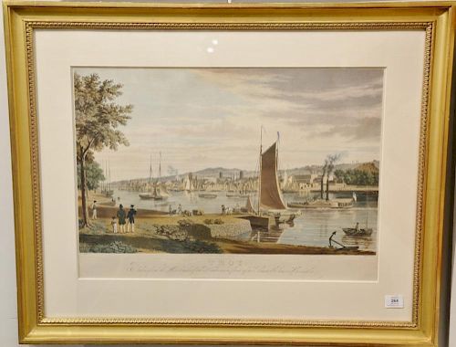 William James Bennett (1787-1844), hand colored aquatint etching, Troy Taken from the West Bank of the Hudson, In Front of the Unite...