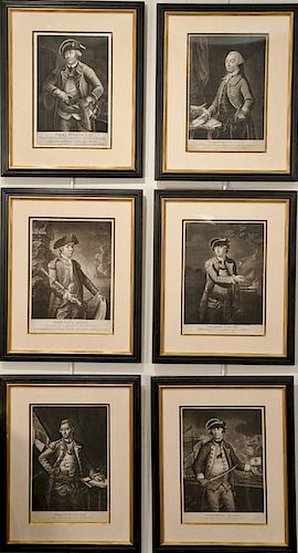 Set of six portrait mezzotint printed engravings  After Thomlinson  Charles Lee Esq. Major General of the Continental Army in Am...