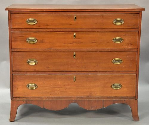 Cherry Federal four drawer chest having applied molded top over four drawers all with line inlay having scalloped skirt set on Frenc...