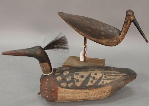Two Jamie Reason carved decoys to include a root head red breasted merganser with horse hair crest and a root head willett, both mar...