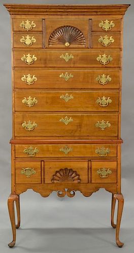 Queen Anne maple high chest in two parts, upper portion with cornice molded top over drawer over four drawers on lower portion with ...