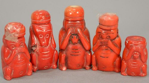 Five red coral snuff bottles including the three wise monkeys.  ht. 1 1/4in. to 2 1/4in.  8.12 t oz.