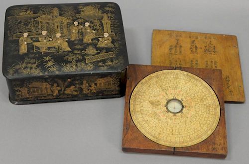 Chinese compass in wood case, paper laid on board with cover board, probably 18th century along with a Chinese black lacquered box w...