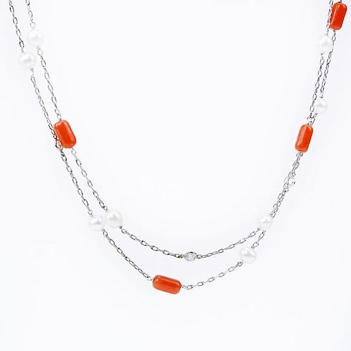 Art Deco Platinum, Red Coral, Bezel Set Old European Cut Diamond and Pearl Necklace