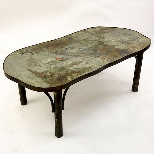 Vintage Philip and Kelvin Laverne, American c. 1965 
Acid-etched and Patinated Brass over Pewter and Wood Chinoiserie style Coffee Table