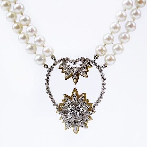 Vintage Two (2) Strand White Pearl Necklace Incorporating an Antique Old European Cut Diamond and 14 Karat Yellow and White Gold Pendant
