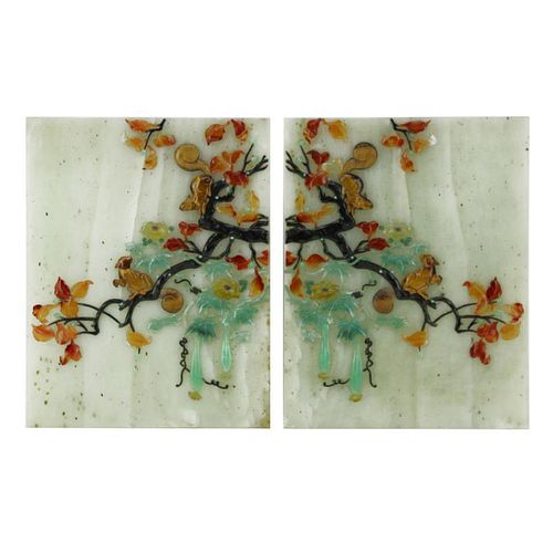 Pair of 20th Century Chinese Jade Table Screen Plaques  with Applied Semi Precious Stones