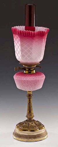 Victorian Ruffled Pink Cased Glass Oil Lamp