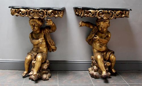 Pair of Antique Continental Putti Form 1 Drawer