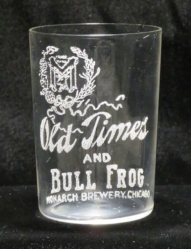 1910 Monarch Old Timers and Bull Frog Beers 3½ Inch Etched Drinking Glass, Chicago, Illinois