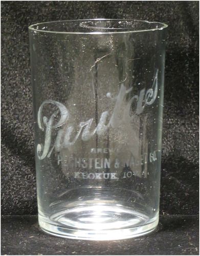 1905 Puritas Beer 3½ inch Etched Drinking Glass, Keokuk, Iowa