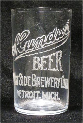 1910 Mundus Beer 4 Inch Etched Drinking Glass, Detroit, Michigan