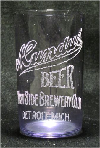 1910 Mundus Beer (purple) 4 Inch Etched Drinking Glass, Detroit, Michigan