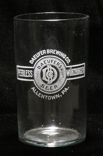 1911 Daeufer's Peerless Würzburger Beer 3¾ Inch Etched Drinking Glass, Allentown, Pennsylvania