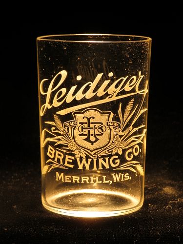1953 Leidiger Brewing Co. 3½ Inch Etched Drinking Glass, Merrill, Wisconsin
