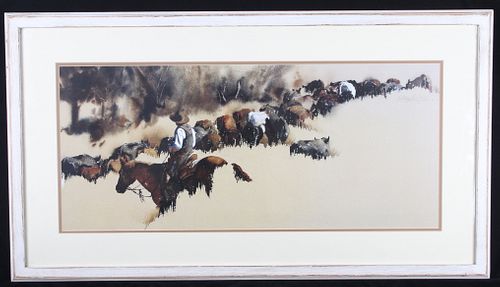Cowboy Moving Cows Lithograph by Williamson