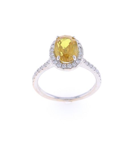 Halo Yellow Sapphire Diamond & 18k White Gold Ring