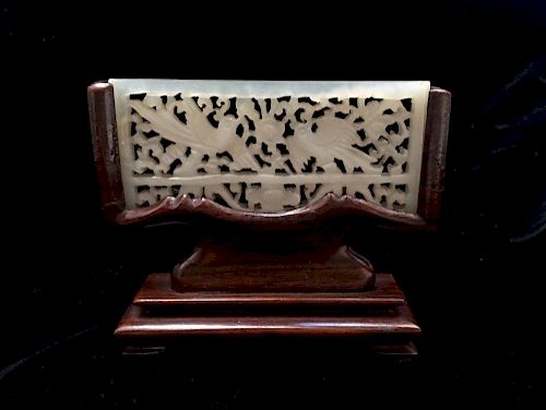 CHINESE ANTIQUE JADE CARVING WITH WOOD STAND, 20TH