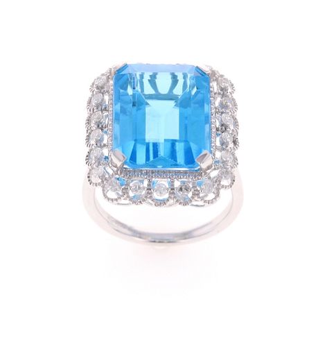 Elegant Blue Topaz Diamond & 14k White Gold Ring