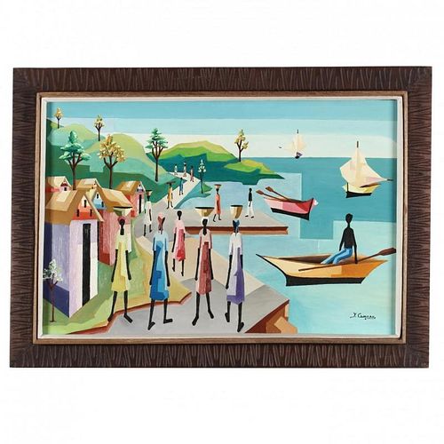 Yves Cameau (Haitian, 20th Century), Cubist Style Harbor Scene