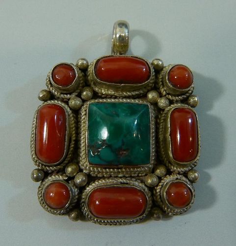 BEAUTIFUL TIBETAN STERLING SILVER RED CORAL AND TURQUOIS PENDANT