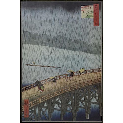 Utagawa Hiroshige, Japanese (1917-1858) Sudden Shower Over Shin-Ohashi Bridge Color Woodblock Print