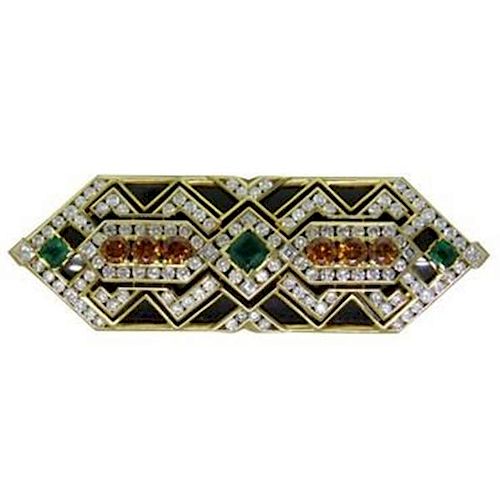J. Roca Spain Magnificent Gold 7ctw Diamond Emerald Onyx Brooch