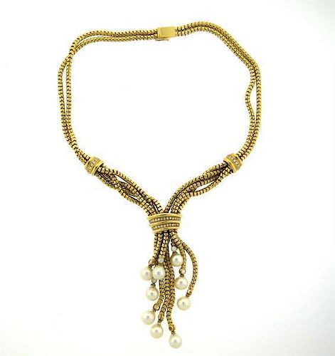 18k Gold Pearl Diamond Tassel Drop Necklace