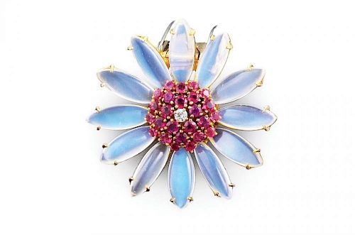 A Retro Moonstone and Ruby Flower Brooch, by Tiffany & Co.