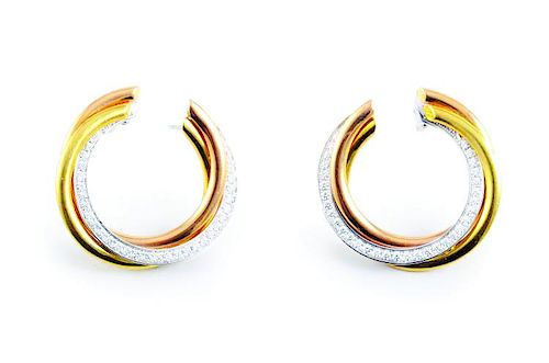A Pair of Cartier Trinity Gold and Diamond Earrings