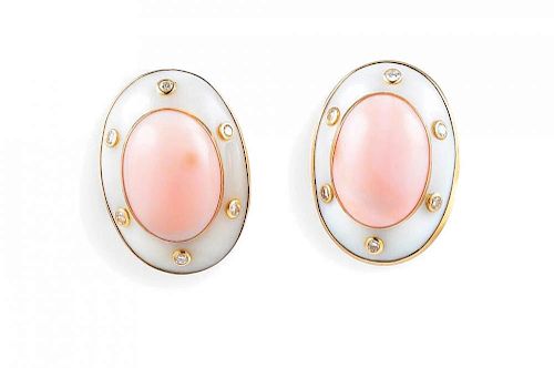 A Pair of Pink Coral and Diamond Gold Earrings