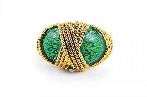 A Gold and Green Enamel Ring